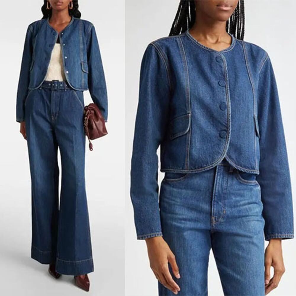 NEW Veronica Beard Cordell Collarless Cropped Denim Jacket Blue Size: Medium